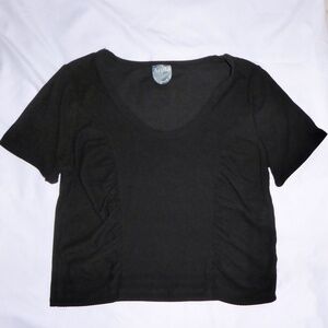 ARULA BLACK SHORT SLEEVE WOMENS TOP SCOOP NECK RIBBED RUCHED CROPPED X XL